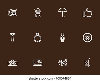 Set Of 12 Editable Shopping Outline Icons. Includes Symbols Such As Open, Bargain, Jewel And More. Can Be Used For Web, Mobile, UI And Infographic Design.