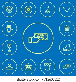 Set Of 12 Editable Shopping Outline Icons. Includes Symbols Such As Heeled Shoe, Button, Broken Glass And More. Can Be Used For Web, Mobile, UI And Infographic Design.
