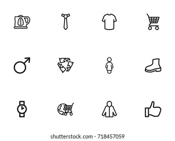 Set Of 12 Editable Shopping Outline Icons. Includes Symbols Such As Female Sign, Kettle, Rubber Shoe And More. Can Be Used For Web, Mobile, UI And Infographic Design.