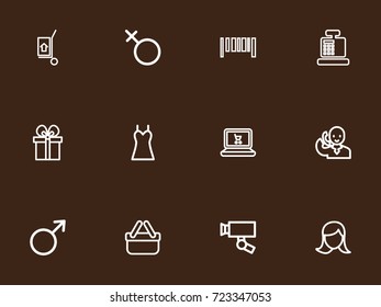 Set Of 12 Editable Shopping Outline Icons. Includes Symbols Such As Bar Code, Till, Trading Purse And More. Can Be Used For Web, Mobile, UI And Infographic Design.