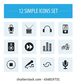 Set Of 12 Editable Song Icons. Includes Symbols Such As Audio Bass, Mixing, Earphone And More. Can Be Used For Web, Mobile, UI And Infographic Design.