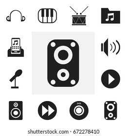 Set Of 12 Editable Song Icons. Includes Symbols Such As Timpano, Audio Bass, Earpiece And More. Can Be Used For Web, Mobile, UI And Infographic Design.
