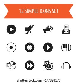 Set Of 12 Editable Song Icons. Includes Symbols Such As Play Button, Headphones, Memory And More. Can Be Used For Web, Mobile, UI And Infographic Design.