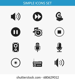 Set Of 12 Editable Song Icons. Includes Symbols Such As Microphone, Sound,  Music And More. Can Be Used For Web, Mobile, UI And Infographic Design.