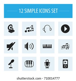 Set Of 12 Editable Song Icons. Includes Symbols Such As Begin, Phonograph, Mp3 Player And More. Can Be Used For Web, Mobile, UI And Infographic Design.