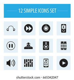 Set Of 12 Editable Sound Icons. Includes Symbols Such As Compact Disk, Megaphone, Equalizer And More. Can Be Used For Web, Mobile, UI And Infographic Design.
