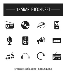 Set Of 12 Editable Sound Icons. Includes Symbols Such As Tape, Tone, Disc And More. Can Be Used For Web, Mobile, UI And Infographic Design.