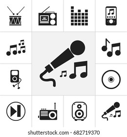Set Of 12 Editable Sound Icons. Includes Symbols Such As Karaoke, Cassette Player, Music Phone And More. Can Be Used For Web, Mobile, UI And Infographic Design.