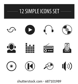 Set Of 12 Editable Sound Icons. Includes Symbols Such As Melody Seeking, Disc, Mixing And More. Can Be Used For Web, Mobile, UI And Infographic Design.