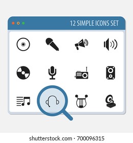 Set Of 12 Editable Sound Icons. Includes Symbols Such As Phonograph, Musical Instrument, Volume And More. Can Be Used For Web, Mobile, UI And Infographic Design.