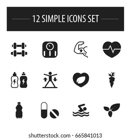 Set Of 12 Editable Sport Icons. Includes Symbols Such As Heartbeat, Root Vegetable, Plant And More. Can Be Used For Web, Mobile, UI And Infographic Design.