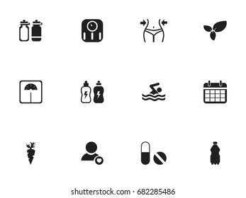 Set Of 12 Editable Sport Icons. Includes Symbols Such As Pill, Swimming, Energetic Beverage And More. Can Be Used For Web, Mobile, UI And Infographic Design.