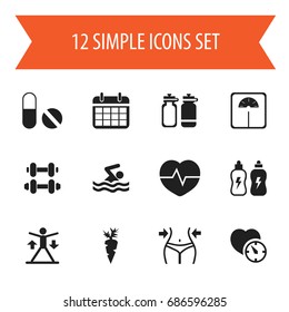 Set Of 12 Editable Sport Icons. Includes Symbols Such As Weight Measurement, Swimming, Slimming And More. Can Be Used For Web, Mobile, UI And Infographic Design.