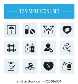 Set Of 12 Editable Sport Icons. Includes Symbols Such As Muscle, Weight Measurement, Leaf In Heart And More. Can Be Used For Web, Mobile, UI And Infographic Design.