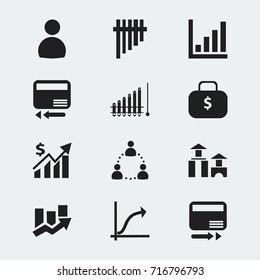 Set Of 12 Editable Statistic Icons. Includes Symbols Such As Upward Direction, Transmission, Revenue And More. Can Be Used For Web, Mobile, UI And Infographic Design.