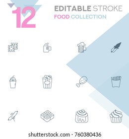 Set of 12 editable stroke icons. Food collection vector illustration.