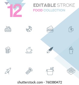 Set of 12 editable stroke icons. Food collection vector illustration.