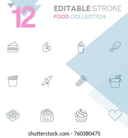 Set of 12 editable stroke icons. Food collection vector illustration.