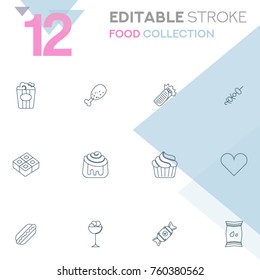 Set of 12 editable stroke icons. Food collection vector illustration.