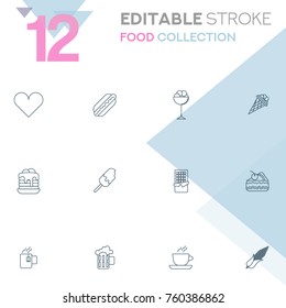 Set of 12 editable stroke icons. Food collection vector illustration.