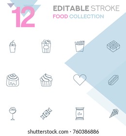 Set of 12 editable stroke icons. Food collection vector illustration.
