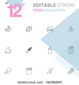 Set of 12 editable stroke icons. Food collection vector illustration.