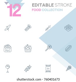 Set of 12 editable stroke icons. Food collection vector illustration.
