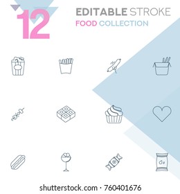 Set of 12 editable stroke icons. Food collection vector illustration.