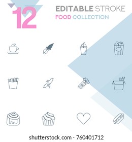 Set of 12 editable stroke icons. Food collection vector illustration.