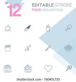 Set of 12 editable stroke icons. Food collection vector illustration.