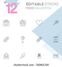 Set of 12 editable stroke icons. Food collection vector illustration.