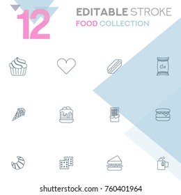 Set of 12 editable stroke icons. Food collection vector illustration.