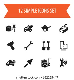 Set Of 12 Editable Structure Icons. Includes Symbols Such As Mending, Trolley, Plastering And More. Can Be Used For Web, Mobile, UI And Infographic Design.