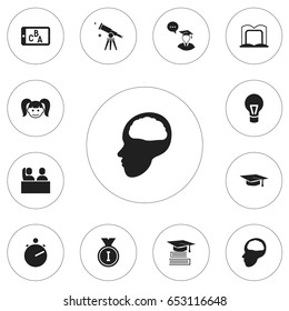 Set Of 12 Editable Teach Icons. Includes Symbols Such As Cerebrum, Phone Play, Book Rack And More. Can Be Used For Web, Mobile, UI And Infographic Design.