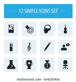 Set Of 12 Editable Teach Icons. Includes Symbols Such As Fiddle, Cerebrum, Dartboard And More. Can Be Used For Web, Mobile, UI And Infographic Design.