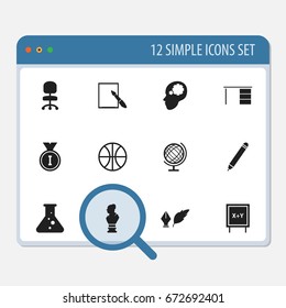Set Of 12 Editable Teach Icons. Includes Symbols Such As Earth Planet, Statue, Basket Play And More. Can Be Used For Web, Mobile, UI And Infographic Design.