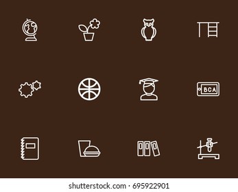 Set Of 12 Editable Teach Outline Icons. Includes Symbols Such As Folder, Student, Earth And More. Can Be Used For Web, Mobile, UI And Infographic Design.