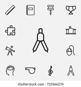 Set Of 12 Editable Teach Outline Icons. Includes Symbols Such As Classbook, Goblet, Straightedge And More. Can Be Used For Web, Mobile, UI And Infographic Design.