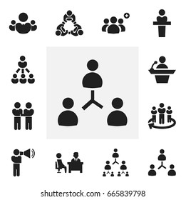 Set Of 12 Editable Team Icons. Includes Symbols Such As Speaker, Meeting, Hierarchy And More. Can Be Used For Web, Mobile, UI And Infographic Design.