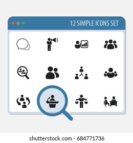 Set Of 12 Editable Team Icons. Includes Symbols Such As Staff Structure, Meeting, Conversation And More. Can Be Used For Web, Mobile, UI And Infographic Design.