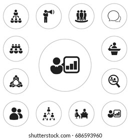 Set Of 12 Editable Team Icons. Includes Symbols Such As Hierarchy, Command, Unity. Can Be Used For Web, Mobile, UI And Infographic Design.
