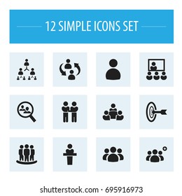 Set Of 12 Editable Team Icons. Includes Symbols Such As Hierarchy, Command, Publicity. Can Be Used For Web, Mobile, UI And Infographic Design.