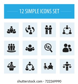 Set Of 12 Editable Team Icons. Includes Symbols Such As Talking Man, Command, Finding Solution. Can Be Used For Web, Mobile, UI And Infographic Design.