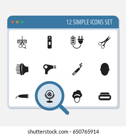 Set Of 12 Editable Tonsorial Artist Icons. Includes Symbols Such As Instrument, Plug, Desiccator And More. Can Be Used For Web, Mobile, UI And Infographic Design.