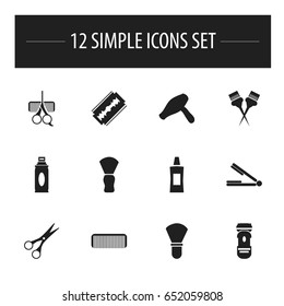 Set Of 12 Editable Tonsorial Artist Icons. Includes Symbols Such As Shaving, Blade, Hairdresser Set And More. Can Be Used For Web, Mobile, UI And Infographic Design.