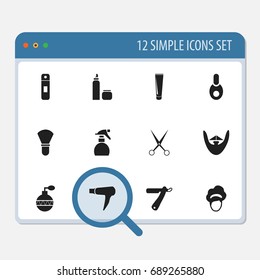 Set Of 12 Editable Tonsorial Artist Icons. Includes Symbols Such As Blow Dryer, Vial, Knife And More. Can Be Used For Web, Mobile, UI And Infographic Design.