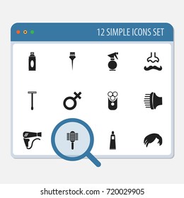 Set Of 12 Editable Tonsorial Artist Icons. Includes Symbols Such As Shaving, Airflow, Female Symbol And More. Can Be Used For Web, Mobile, UI And Infographic Design.