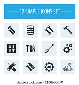 Set of 12 editable tool icons. Includes symbols such as build, settings, mechanic cogs and more. Can be used for web, mobile, UI and infographic design.