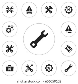 Set Of 12 Editable Tool Icons. Includes Symbols Such As Build Equipment, Options, Wrench And More. Can Be Used For Web, Mobile, UI And Infographic Design.