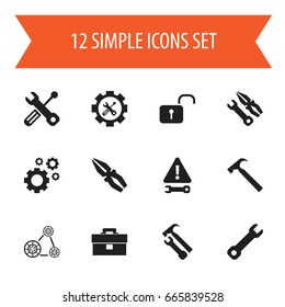 Set Of 12 Editable Tool Icons. Includes Symbols Such As Handle Hit, Portfolio, Opened Padlock. Can Be Used For Web, Mobile, UI And Infographic Design.